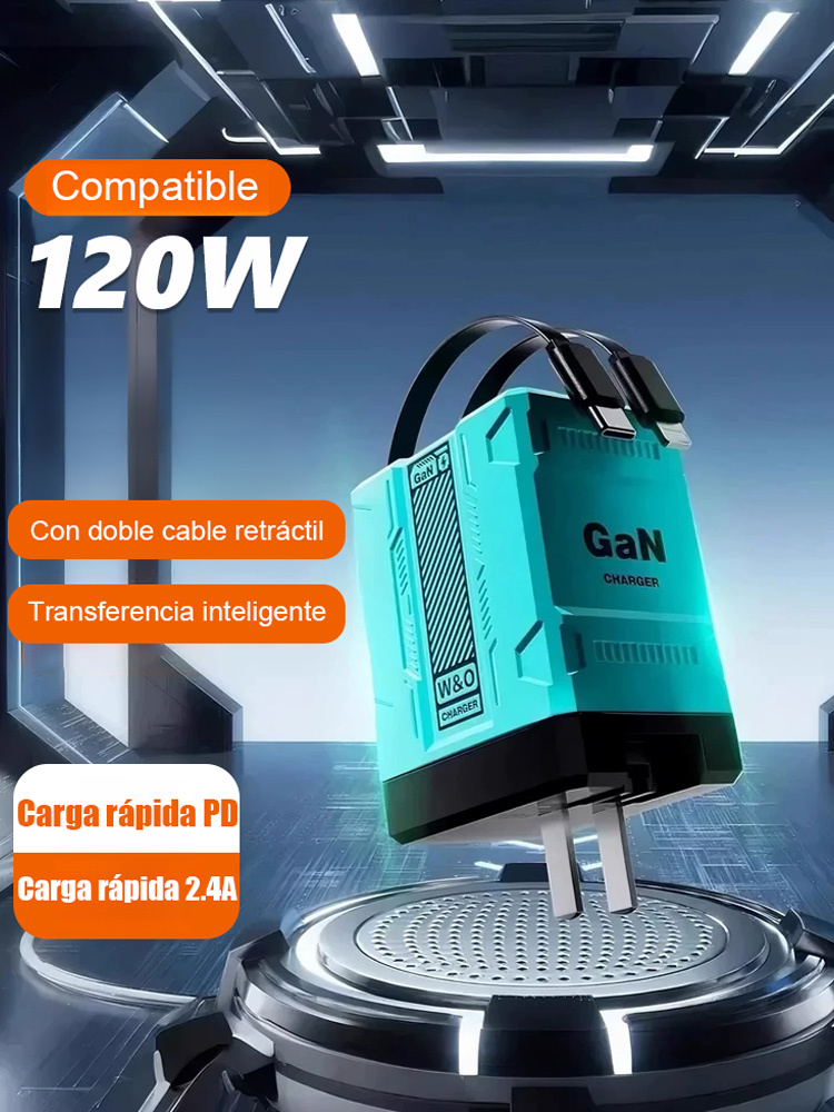 Cargador 120W GaN con Cable Retráctil – Carga 75% en 30 Minutos | Envío Gratuito!