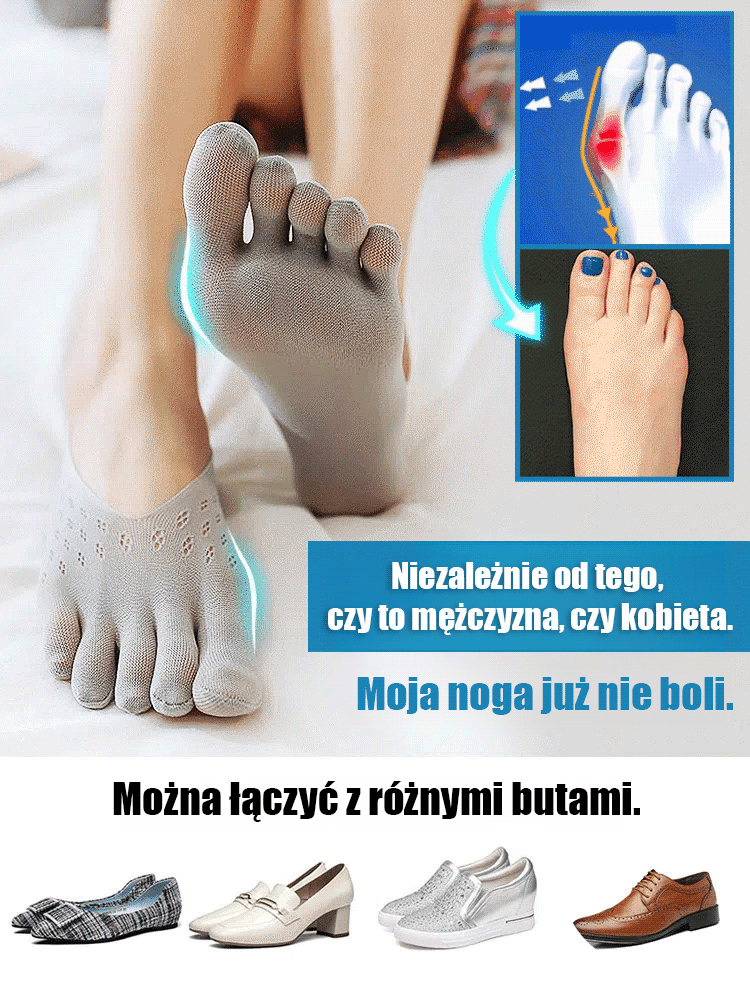 Polecane przez podologów: uniwersalne (dla kobiet i mężczyzn) skarpetki ortopedyczne z pięcioma palcami i niskim wycięciem. Jeśli nie zauważysz efektów, gwarantujemy pełny zwrot pieniędzy!