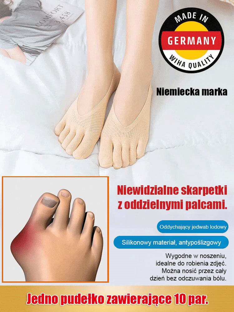 Polecane przez podologów: uniwersalne (dla kobiet i mężczyzn) skarpetki ortopedyczne z pięcioma palcami i niskim wycięciem. Jeśli nie zauważysz efektów, gwarantujemy pełny zwrot pieniędzy!