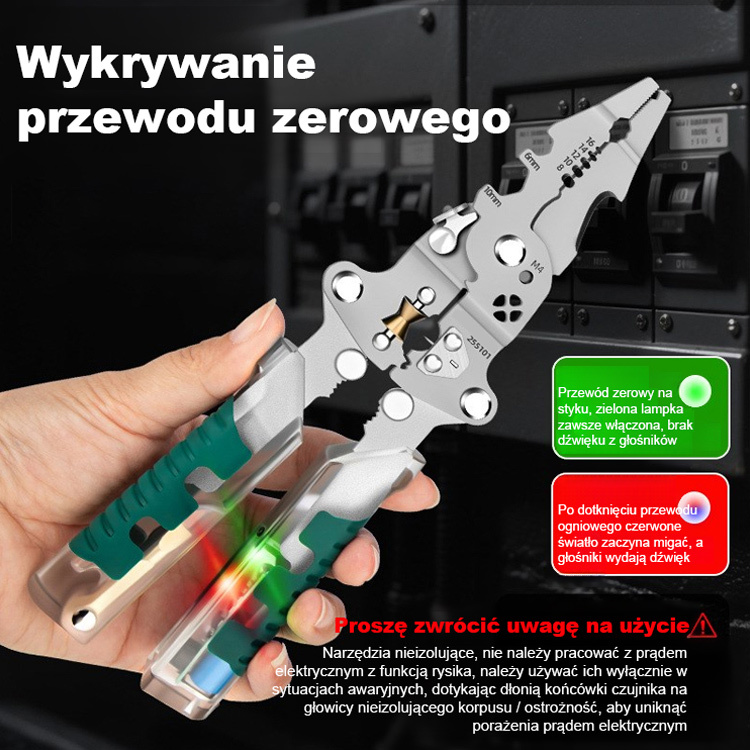 SEESE 10 w 1 – narzędzie do ściągania izolacji i skręcania przewodów, szczypce z testerem napięcia, nożyczki do kabli, wykrywanie napięcia od 12 V do 250 V (pod napięciem, bez napięcia, przewód pod napięciem), prąd przemienny i stały, sygnały dźwiękowe i 