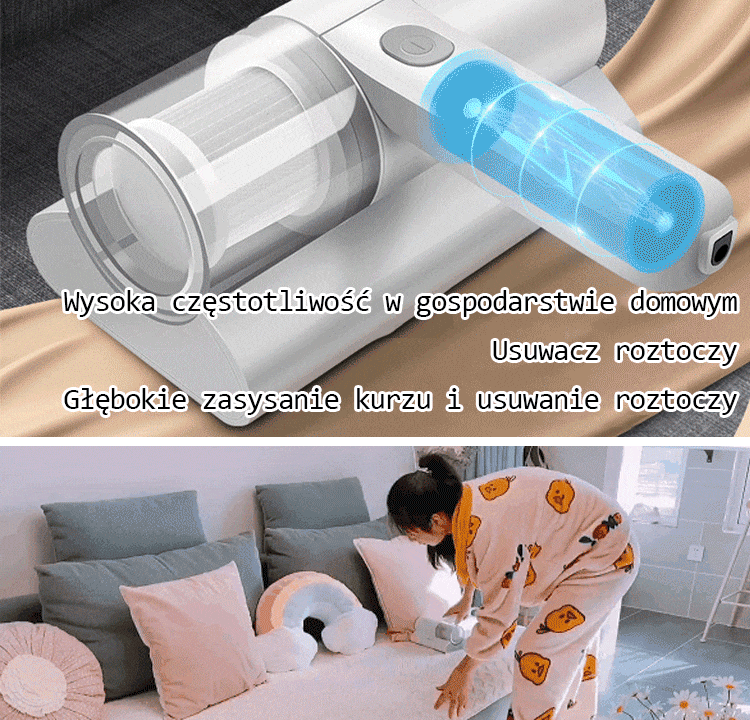 Inteligentny bezprzewodowy odkurzacz roztoczy, moc ssania 8000PA do usuwania głębokich zanieczyszczeń