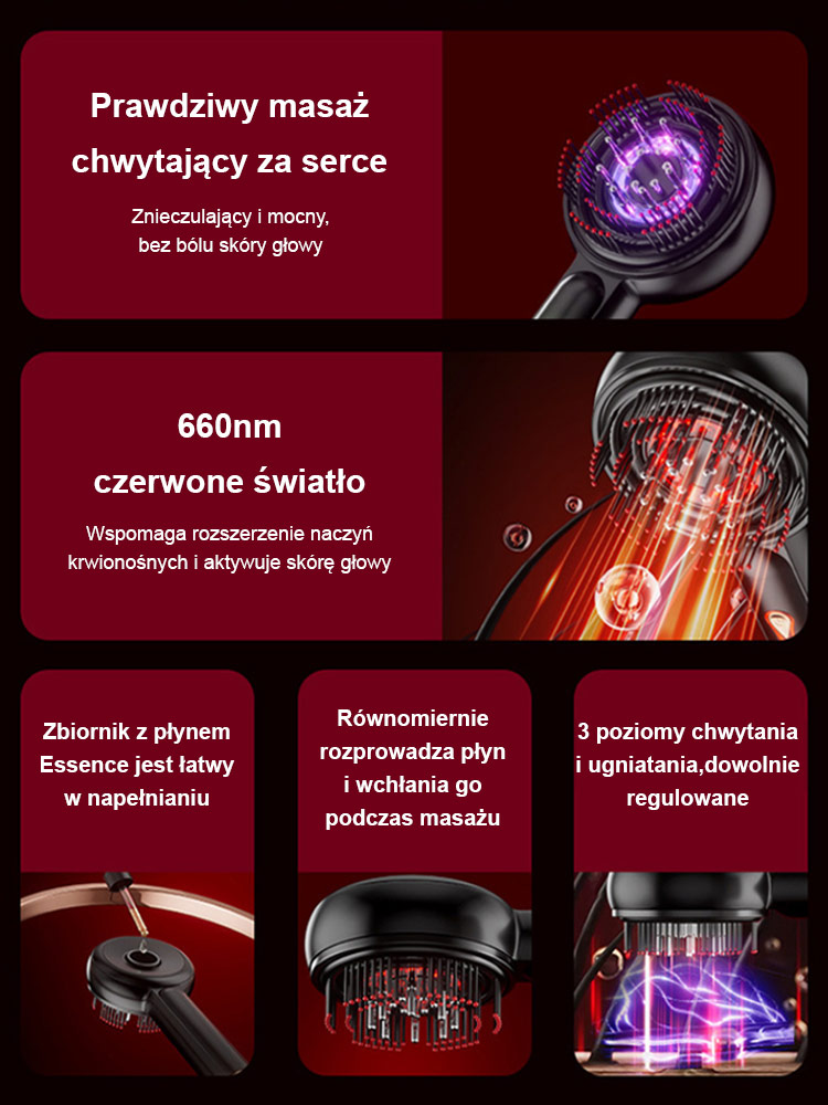 Czerwony wielofunkcyjny grzebień do masażu i wzrostu włosów