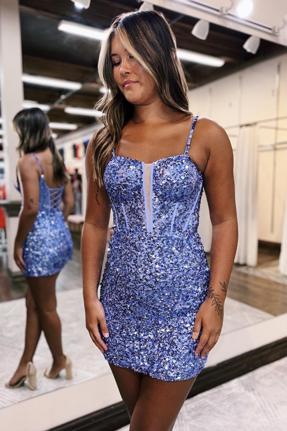 Sparkly Spaghetti Straps Sequins Royal Blue Corset Cocktail Dress