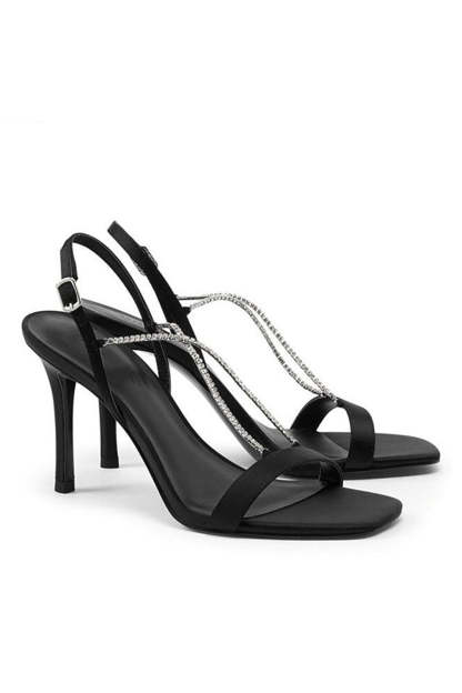 Black High Heel Stilettos with Beading and Square Toe