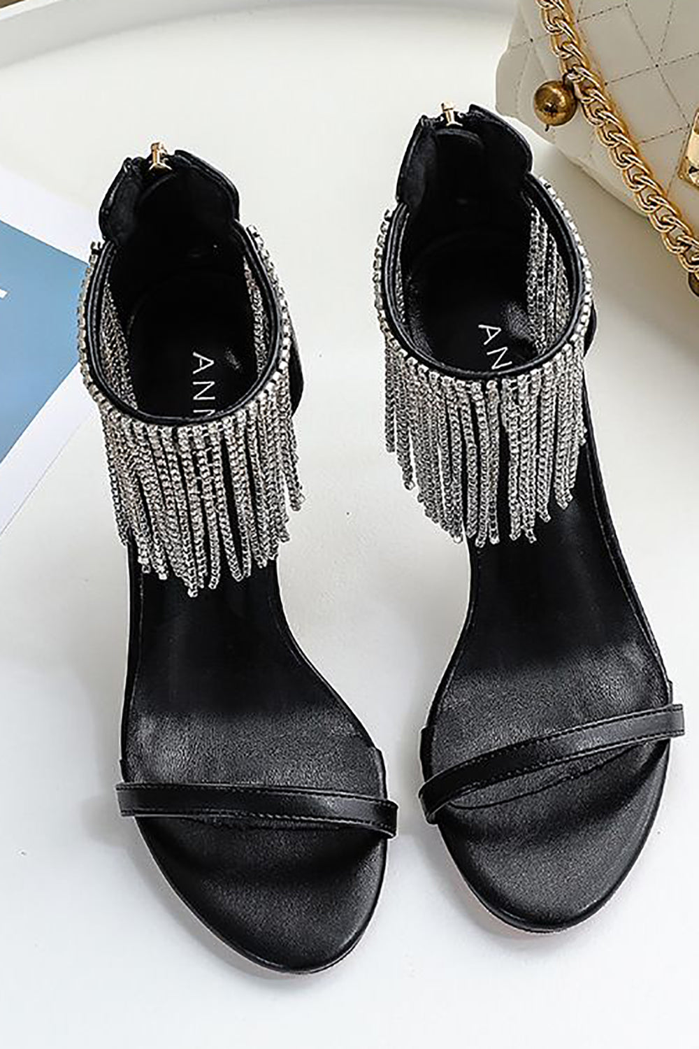 Thick High Heels with Black Rhinestones