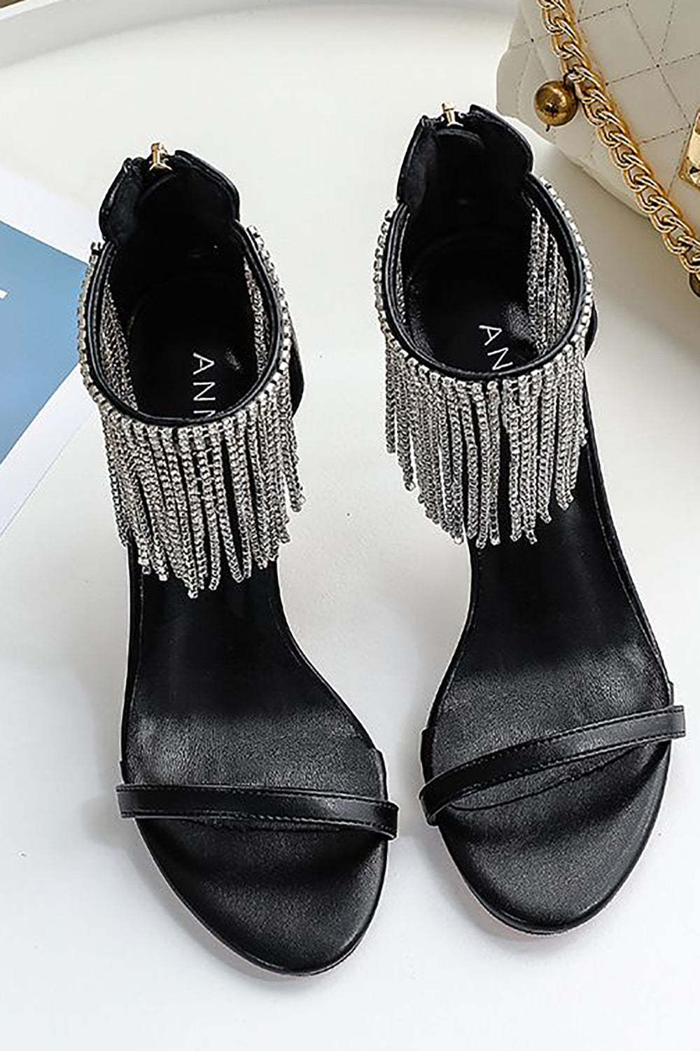 Thick High Heels with Black Rhinestones