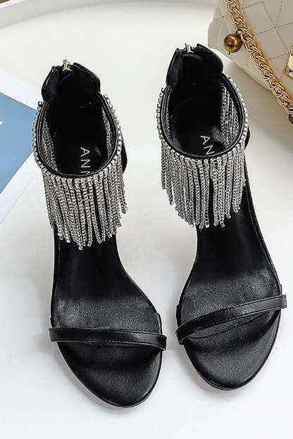 Thick High Heels with Black Rhinestones