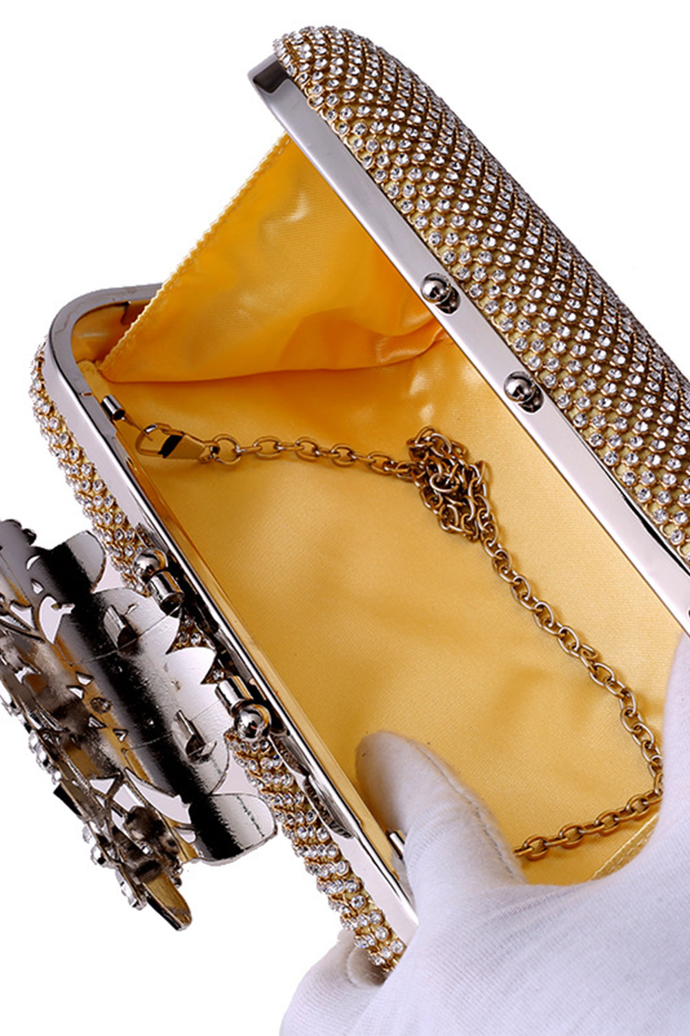 Prom Clutch Adorned with Golden Beads and Crystals