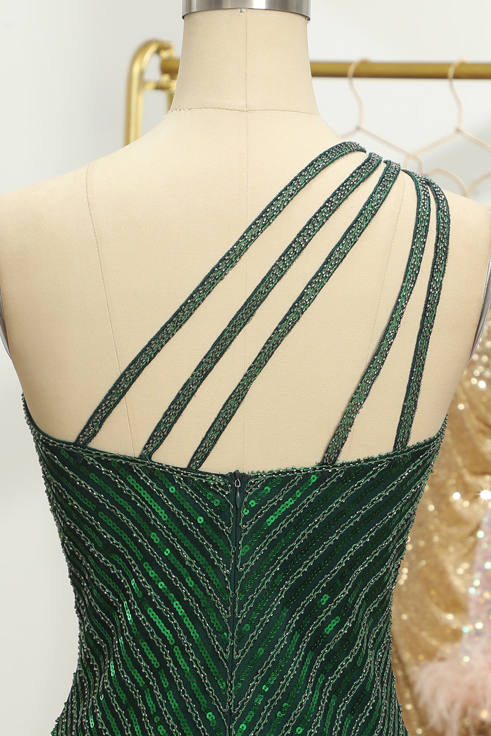 Sparkly Sheath Glitter Green One Shoulder Beaded Tight Cocktail Dress