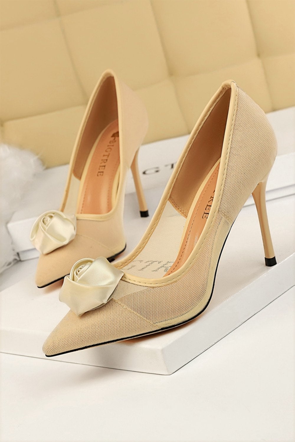 Satin Rose Stiletto Heels with Mesh Hollow Design