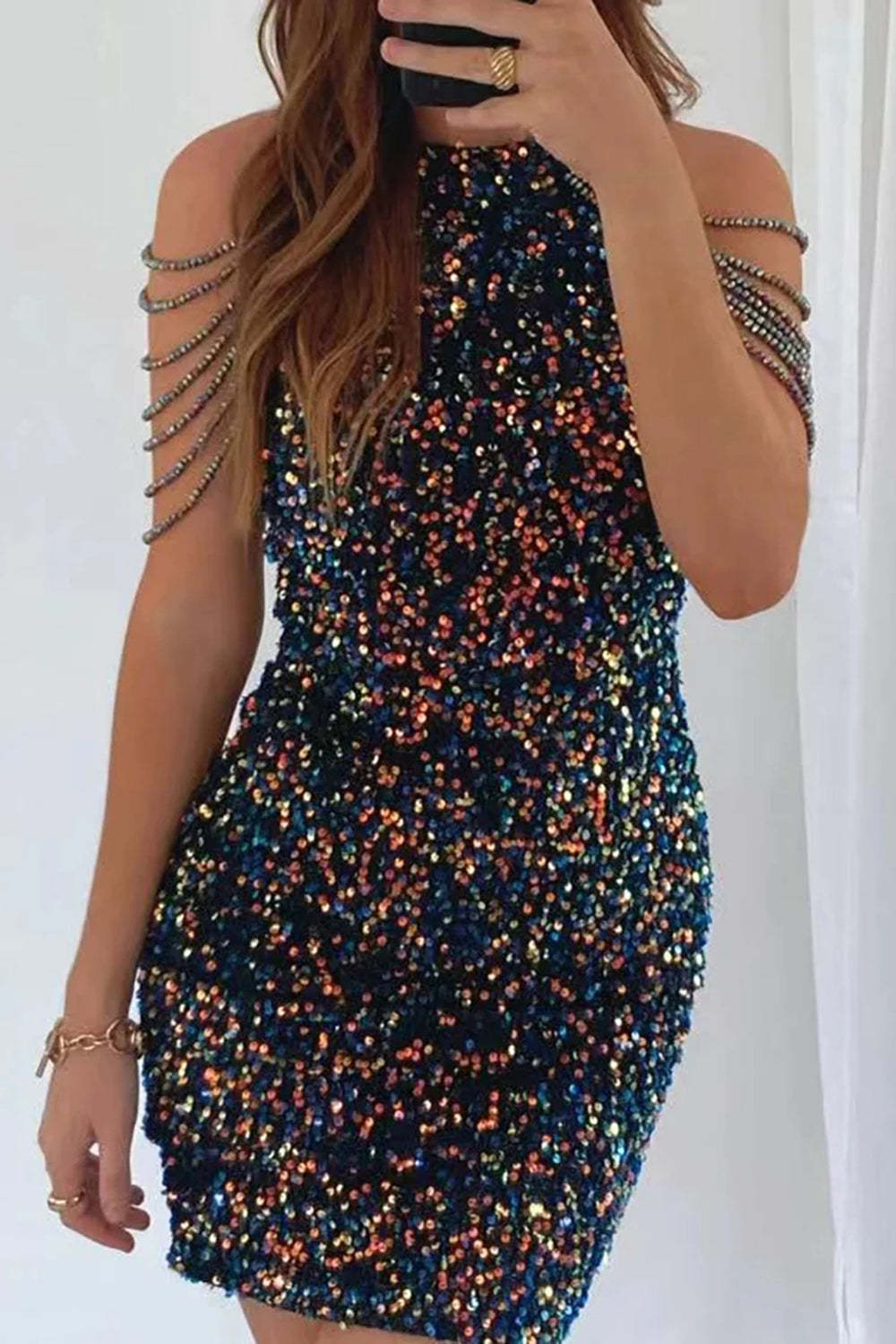 White Spaghetti Straps Sequins Sheath Short Cocktail Dress
