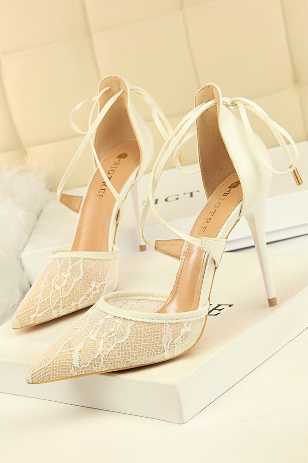 Pointed Toe Mesh Lace High Heels with Cross Straps