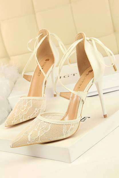 Pointed Toe Mesh Lace High Heels with Cross Straps