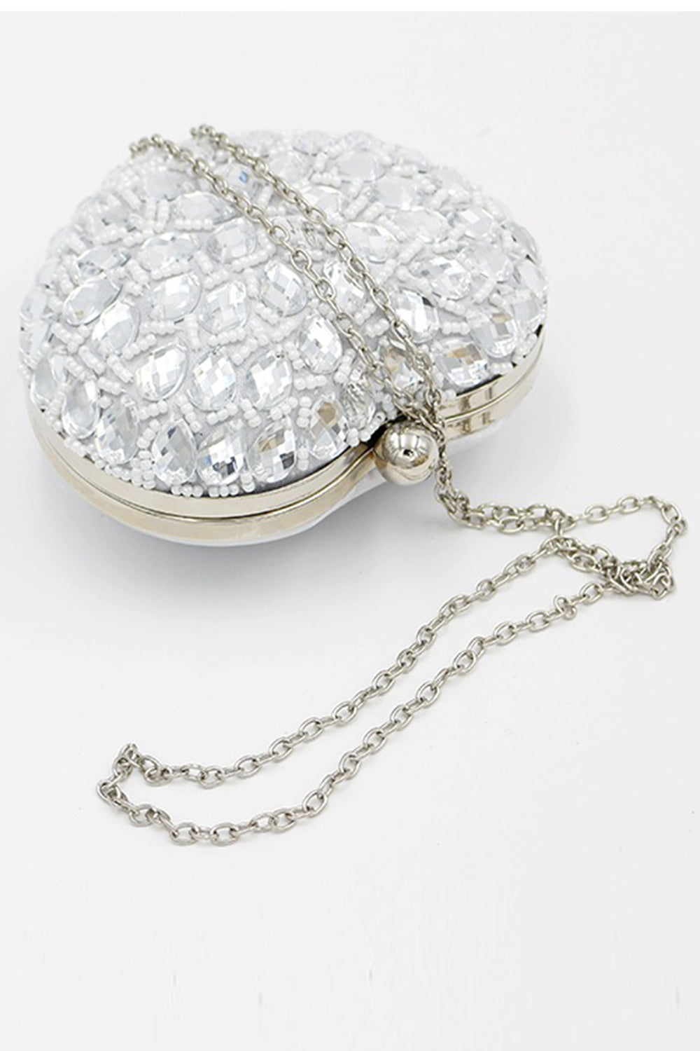 Heart-Shaped Silver Beaded Clutch for Parties