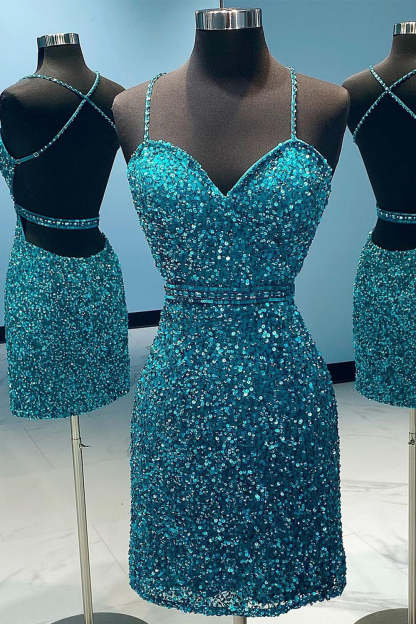 Turquoise Spaghetti Straps Sequins Cocktail Dress