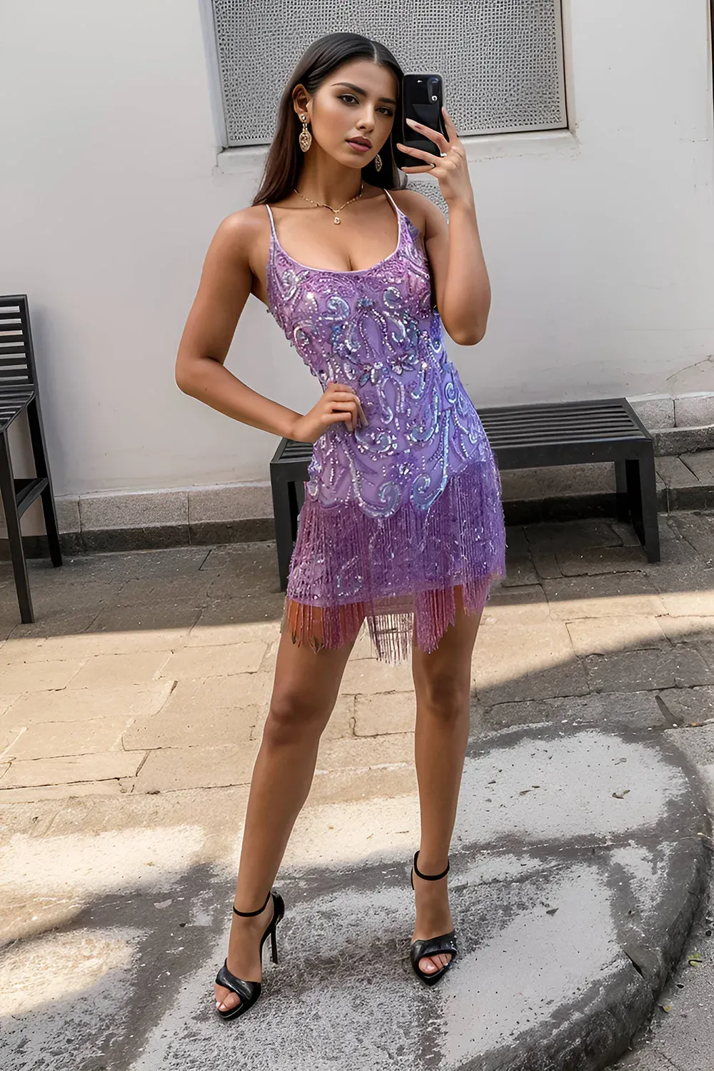 Purple Spaghetti Straps Fringed Sequins Tight Short Cocktail Dress