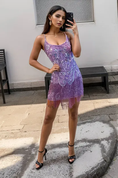 Purple Spaghetti Straps Fringed Sequins Tight Short Cocktail Dress