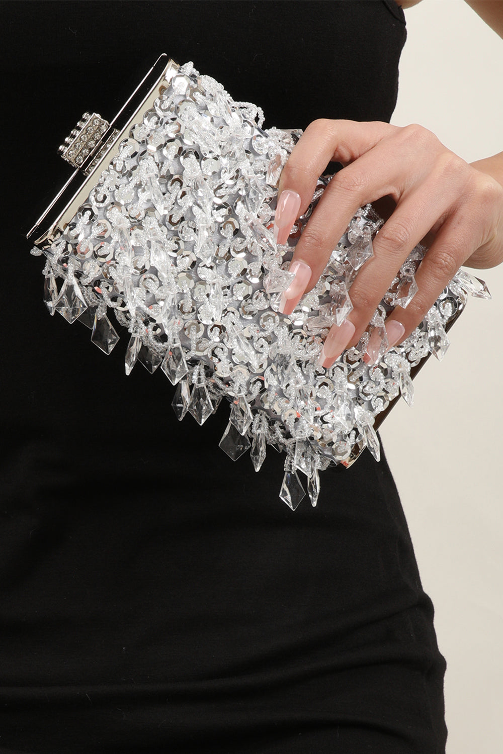 Shoulder Bag with Silver Sequin Fringes and Chain