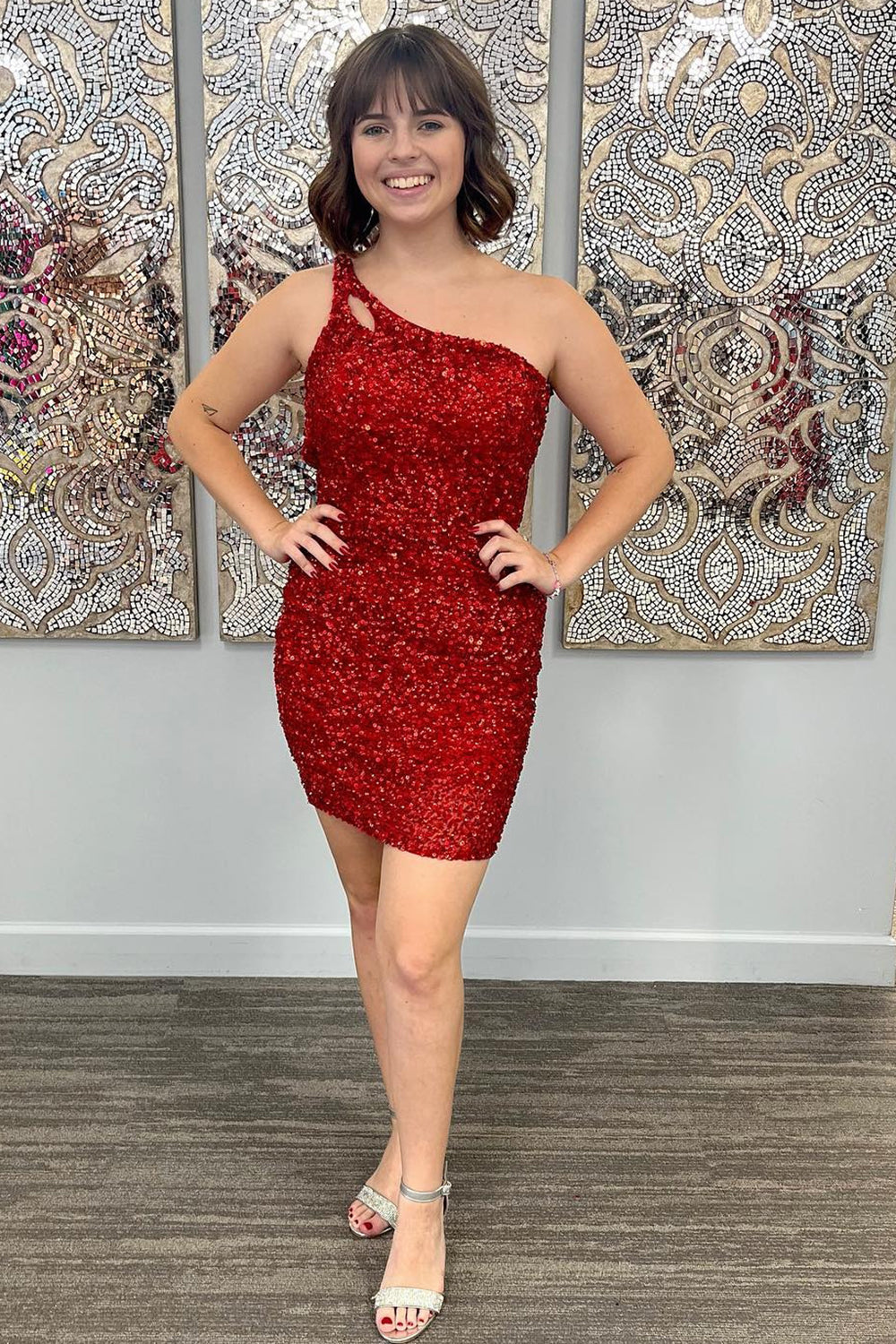 Bodycon One Shoulder Orange Sequins Open Back Short Cocktail Dress