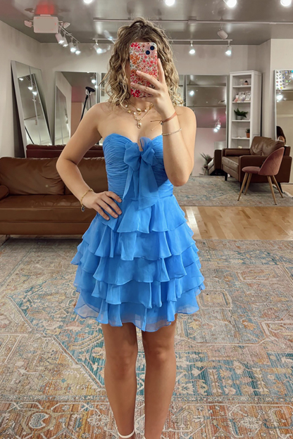Royal Blue A Line Chiffon Tiered Sweetheart Short Cocktail Dress