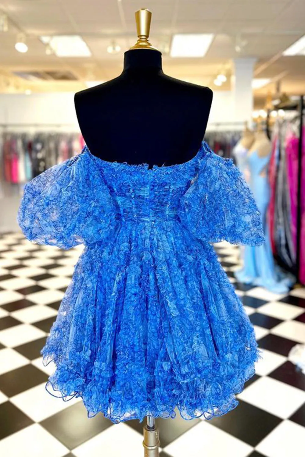 Cute A Line Off The Shoulder Blue Printed Detachable Sleeves Ruffled Short Cocktail Dress