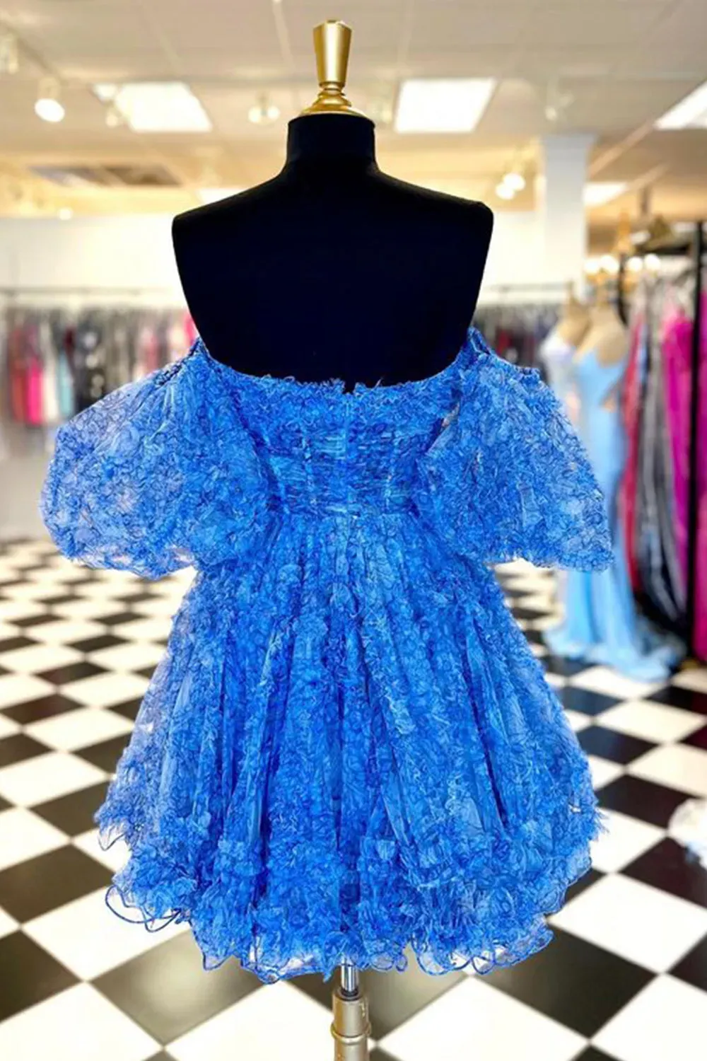 Cute A Line Off The Shoulder Blue Printed Detachable Sleeves Ruffled Short Cocktail Dress