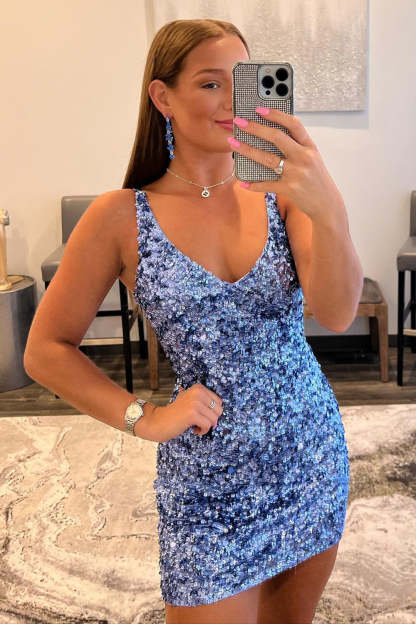 Light Blue Open Back Sequins Tight Cocktail Dress