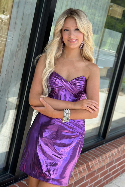 Dark Purple Strapless Bodycon Ruched Short Cocktail Dress