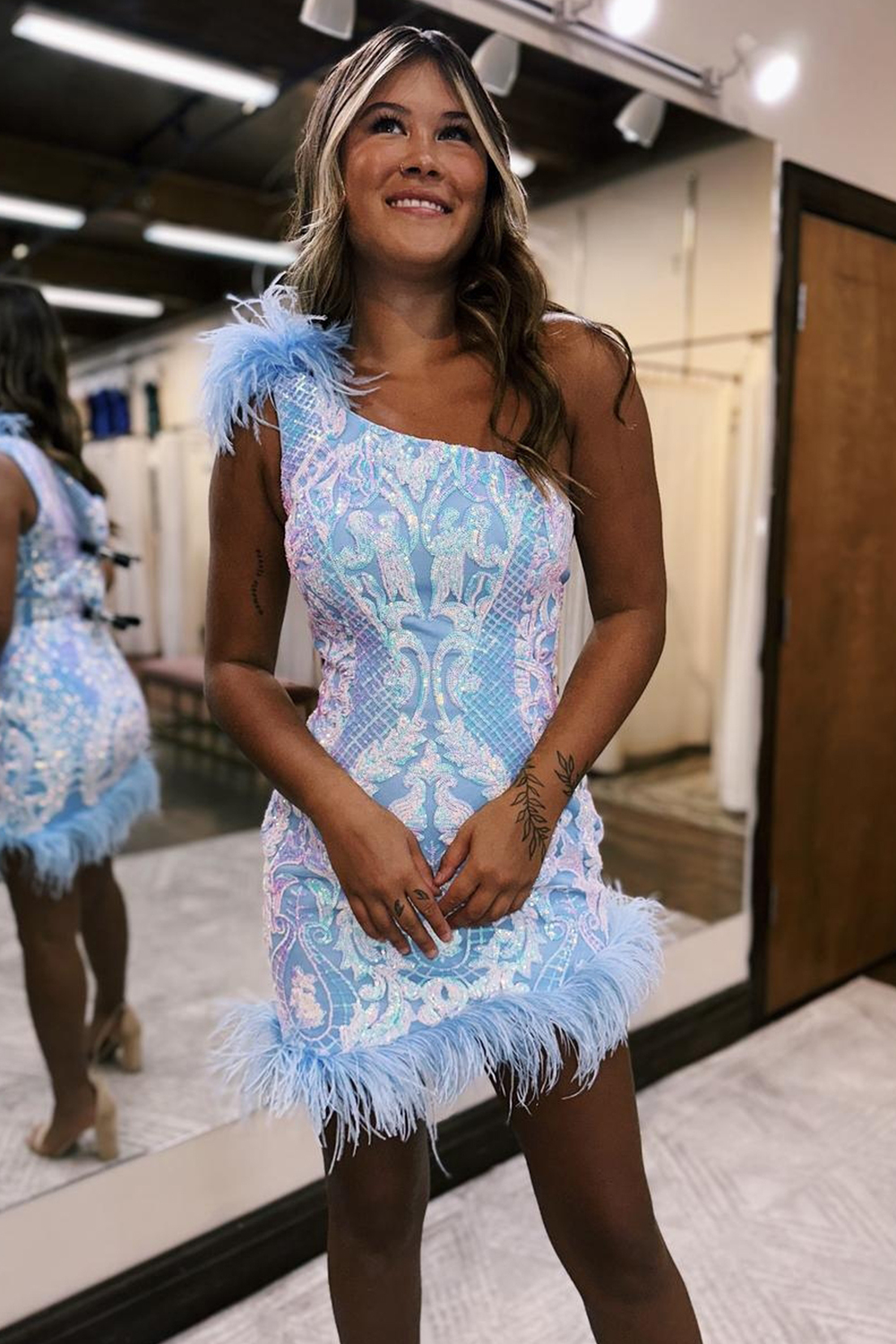 Sparkly Hot Pink One Shoulder Bodycon Cocktail Dress With Feather