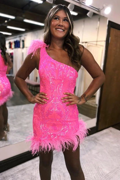 Sparkly Hot Pink One Shoulder Bodycon Cocktail Dress With Feather