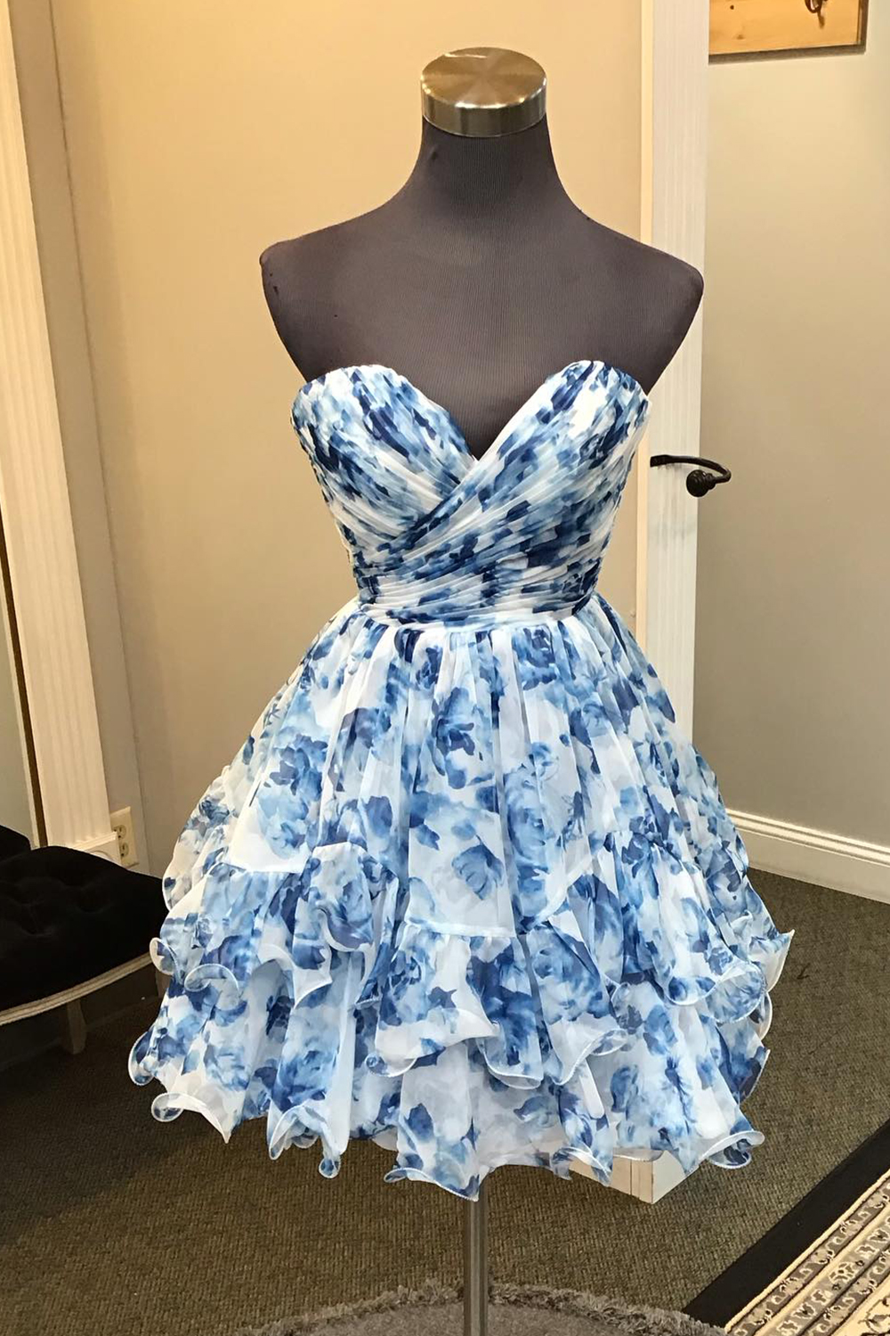 Blue Printed Strapless A Line Tiered Cocktail Dress