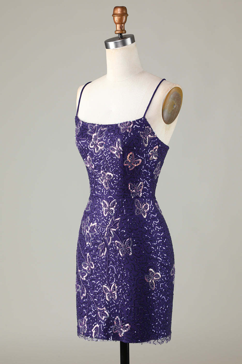 Sparkly Sheath Spaghetti Straps Purple Sequins Short Cocktail Dress With Criss Cross Back