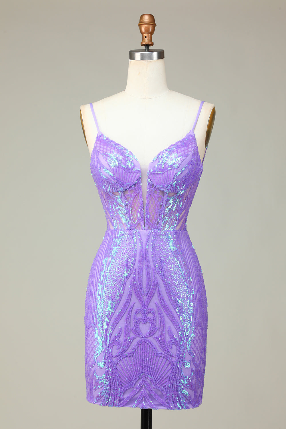 Sparkly Sheath Spaghetti Straps Lilac Sequins Short Cocktail Dress With Criss Cross Back