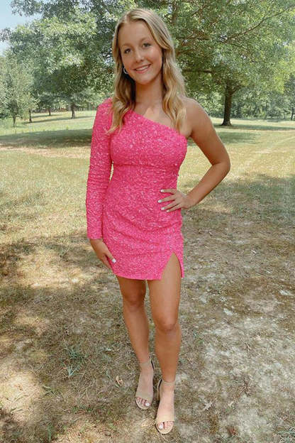 Fuchsia Sequins Cocktail Dress With Sleeves