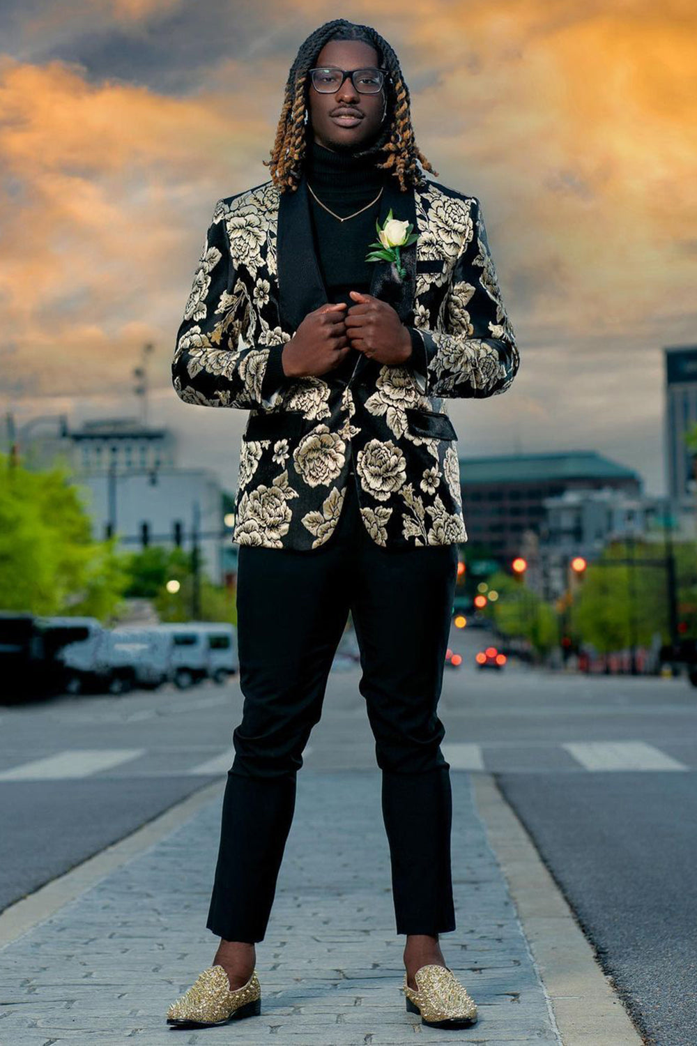 Men's Prom Blazer with Jacquard Flower Shawl Lapel