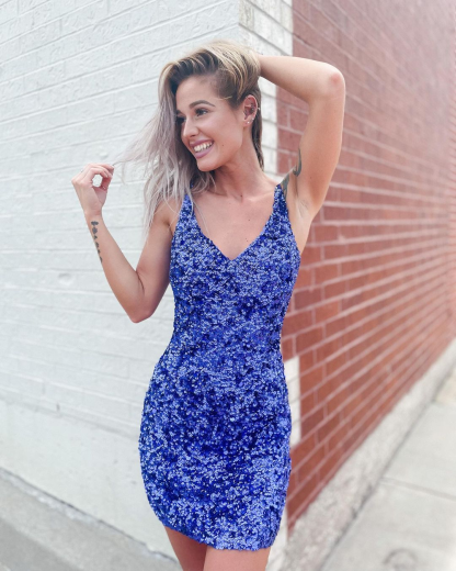 Light Blue Open Back Sequins Tight Cocktail Dress