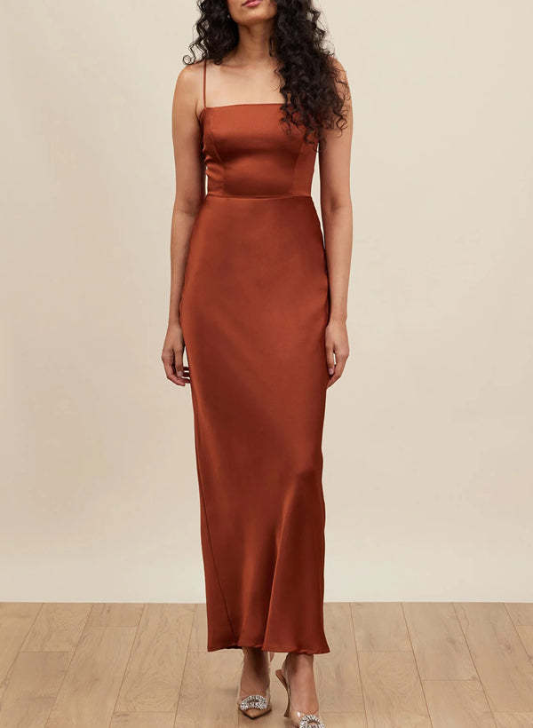 Satin Ankle-Length Graduation Dress with Sheath/Column Square Neckline and Sleeveless