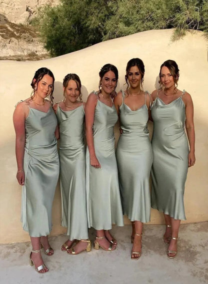 Ankle-Length Silk-like Satin Graduation Dress with Sheath Cowl Neck and Sleeveless