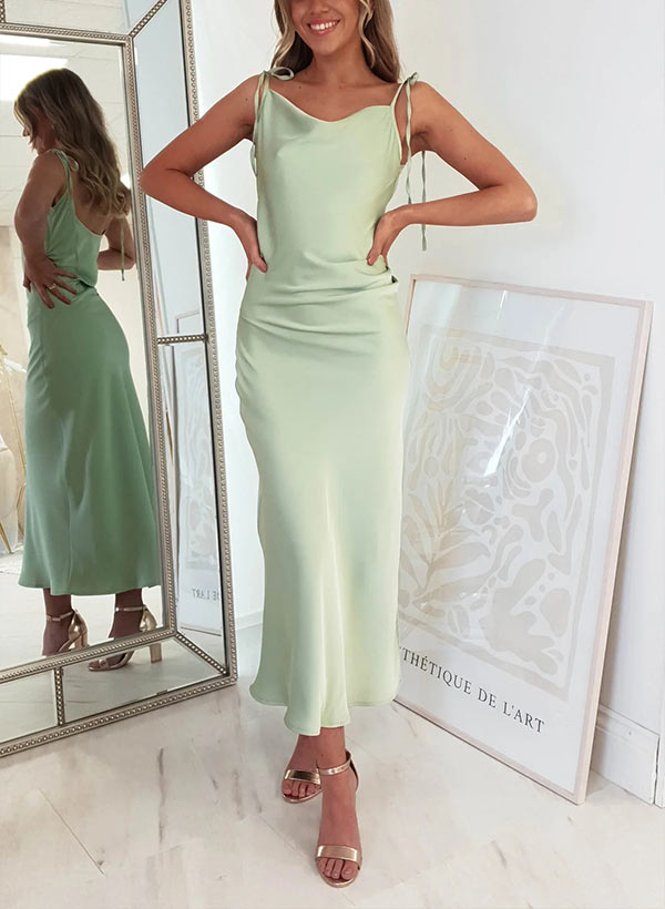 Ankle-Length Silk-like Satin Graduation Dress with Sheath Cowl Neck and Sleeveless