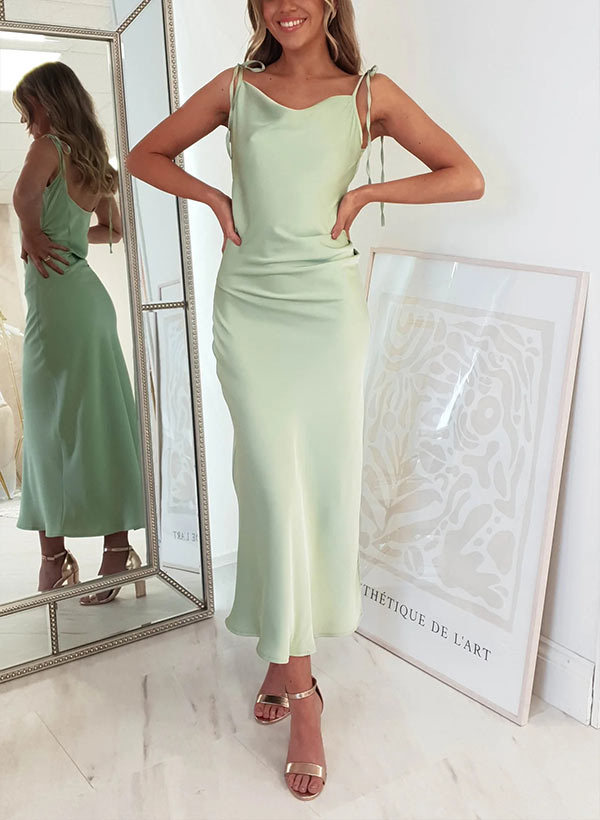 Ankle-Length Silk-like Satin Graduation Dress with Sheath Cowl Neck and Sleeveless