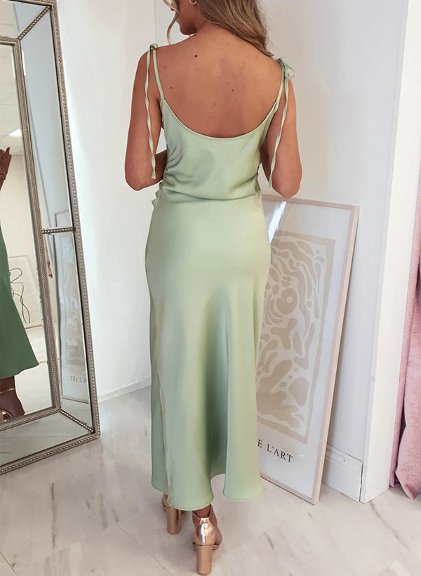 Ankle-Length Silk-like Satin Graduation Dress with Sheath Cowl Neck and Sleeveless