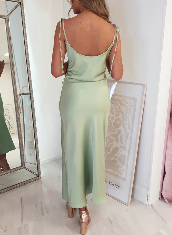 Ankle-Length Silk-like Satin Graduation Dress with Sheath Cowl Neck and Sleeveless