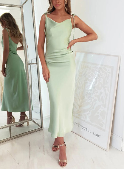 Ankle-Length Silk-like Satin Graduation Dress with Sheath Cowl Neck and Sleeveless