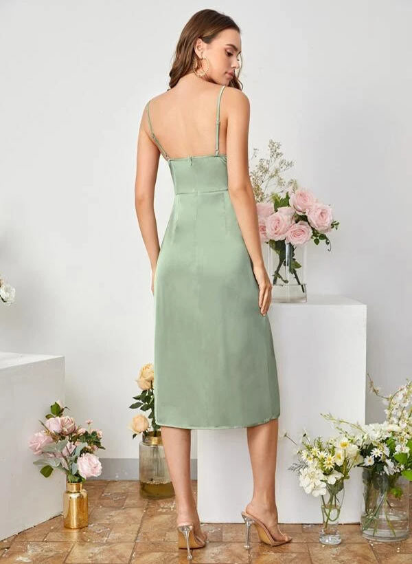 V-neck Sleeveless Tea-Length Satin Graduation Dress With Split Front