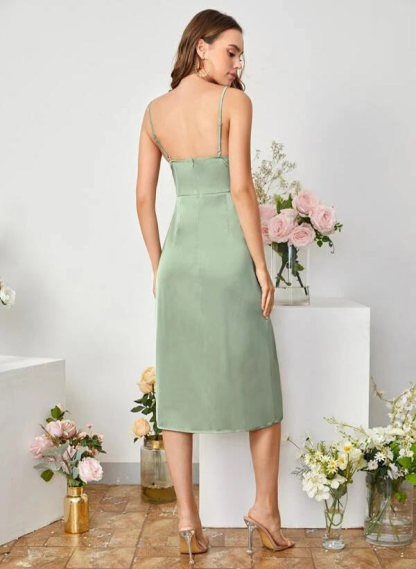 V-neck Sleeveless Tea-Length Satin Graduation Dress With Split Front