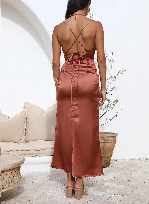 Sleeveless Cowl Neck Ankle-Length Graduation Dress with Split Front in Silk-like Satin