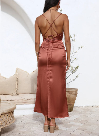 Sleeveless Cowl Neck Ankle-Length Graduation Dress with Split Front in Silk-like Satin