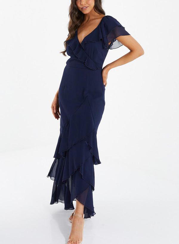 V-neck Short Sleeves Chiffon Graduation Dress With Ruffle