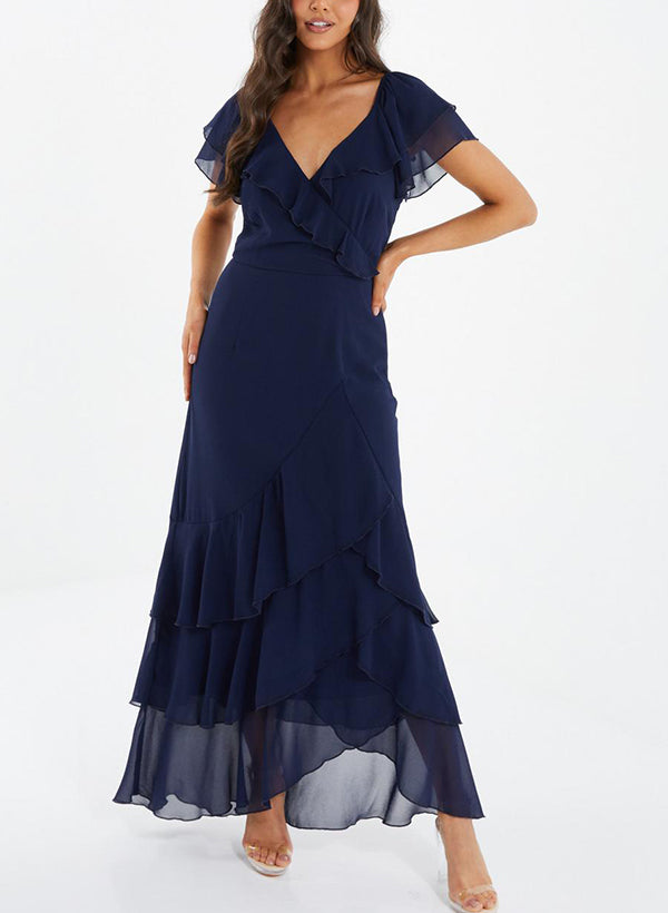 V-neck Short Sleeves Chiffon Graduation Dress With Ruffle