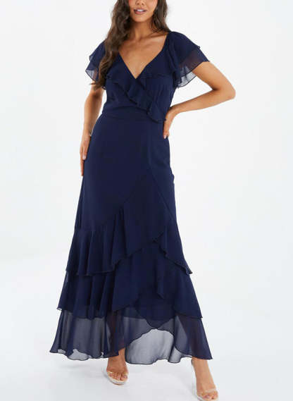 V-neck Short Sleeves Chiffon Graduation Dress With Ruffle